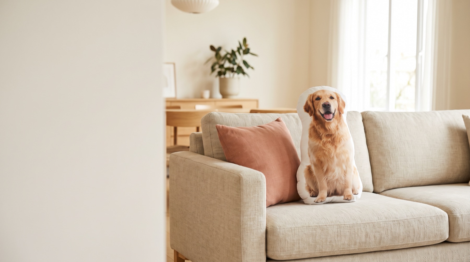 A custom pet-shaped pillow of a golden retriever on a light linen sofa